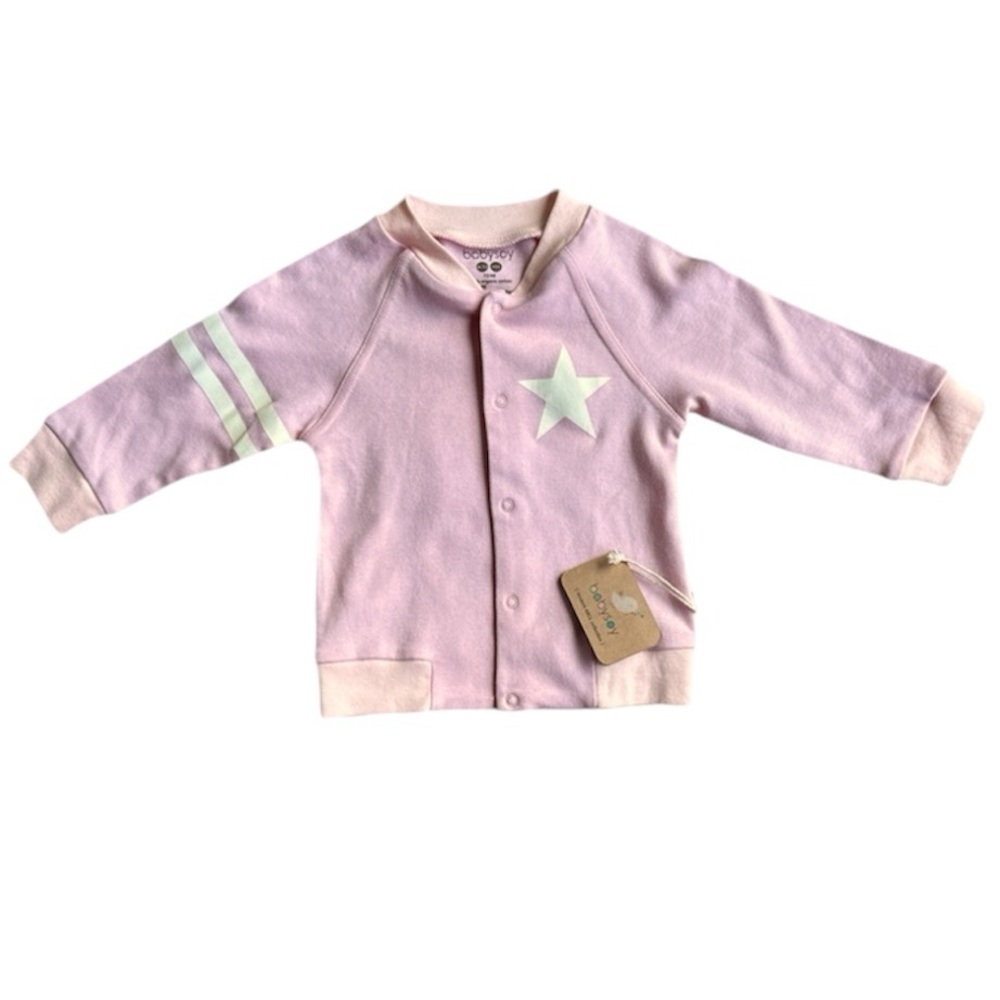Organic Cotton NWT Babysoy Bomber Sweater Buttons pink 6-12 Mths